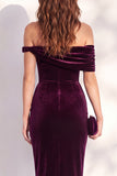 Off the Shoulder Burgundy Velvet Bodycon Midi Work Dress