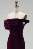 Off the Shoulder Burgundy Velvet Bodycon Midi Work Dress