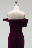 Off the Shoulder Burgundy Velvet Bodycon Midi Work Dress