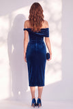 Off the Shoulder Burgundy Velvet Bodycon Midi Work Dress