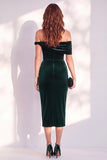 Off the Shoulder Burgundy Velvet Bodycon Midi Work Dress