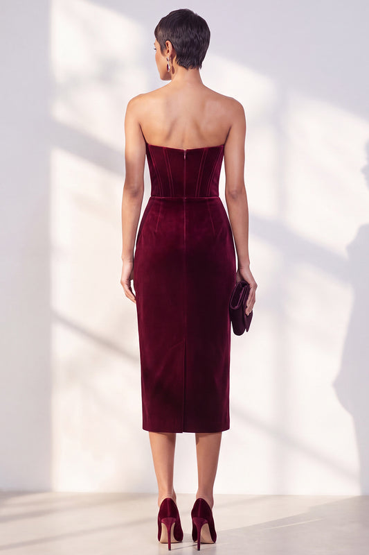 Burgundy Corset Sweetheart Velvet Bodycon Midi Work Dress