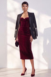 Burgundy Corset Sweetheart Velvet Bodycon Midi Work Dress