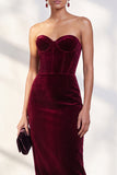 Burgundy Corset Sweetheart Velvet Bodycon Midi Work Dress