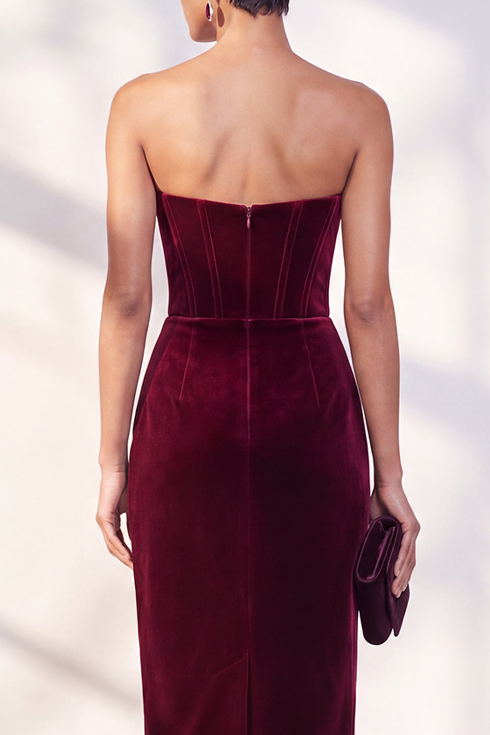 Burgundy Corset Sweetheart Velvet Bodycon Midi Work Dress