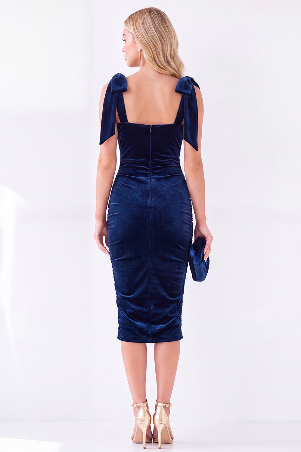 Square Neck Dark Purple Velvet Bodycon Midi Work Dress with Bows