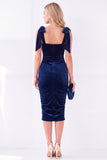 Square Neck Dark Purple Velvet Bodycon Midi Work Dress with Bows
