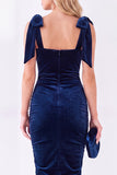 Square Neck Dark Purple Velvet Bodycon Midi Work Dress with Bows