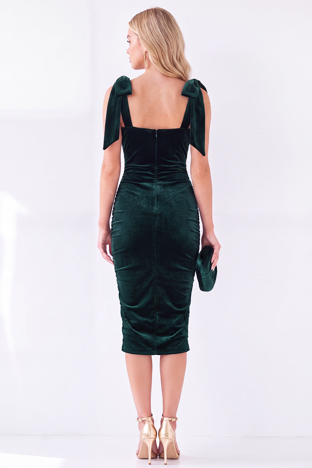 Square Neck Dark Purple Velvet Bodycon Midi Work Dress with Bows