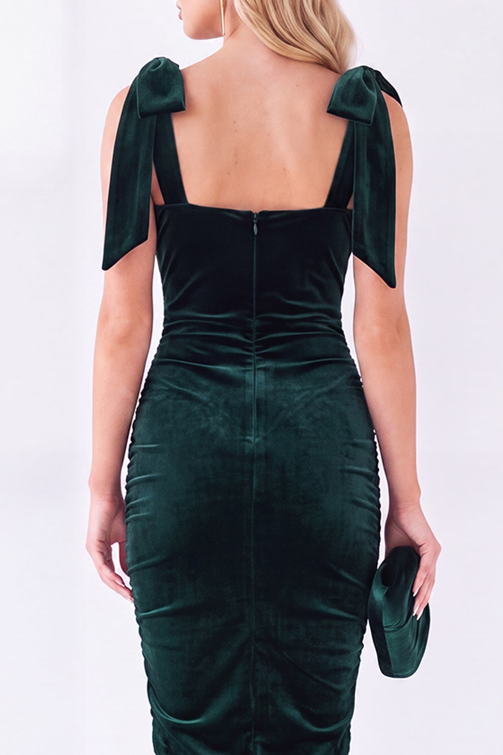 Square Neck Dark Purple Velvet Bodycon Midi Work Dress with Bows