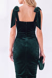 Square Neck Dark Purple Velvet Bodycon Midi Work Dress with Bows