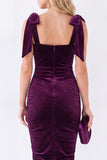Square Neck Dark Purple Velvet Bodycon Midi Work Dress with Bows