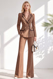 Notched Lapel Brown Slim Fit Double Breasted 2 Piece Work Suits