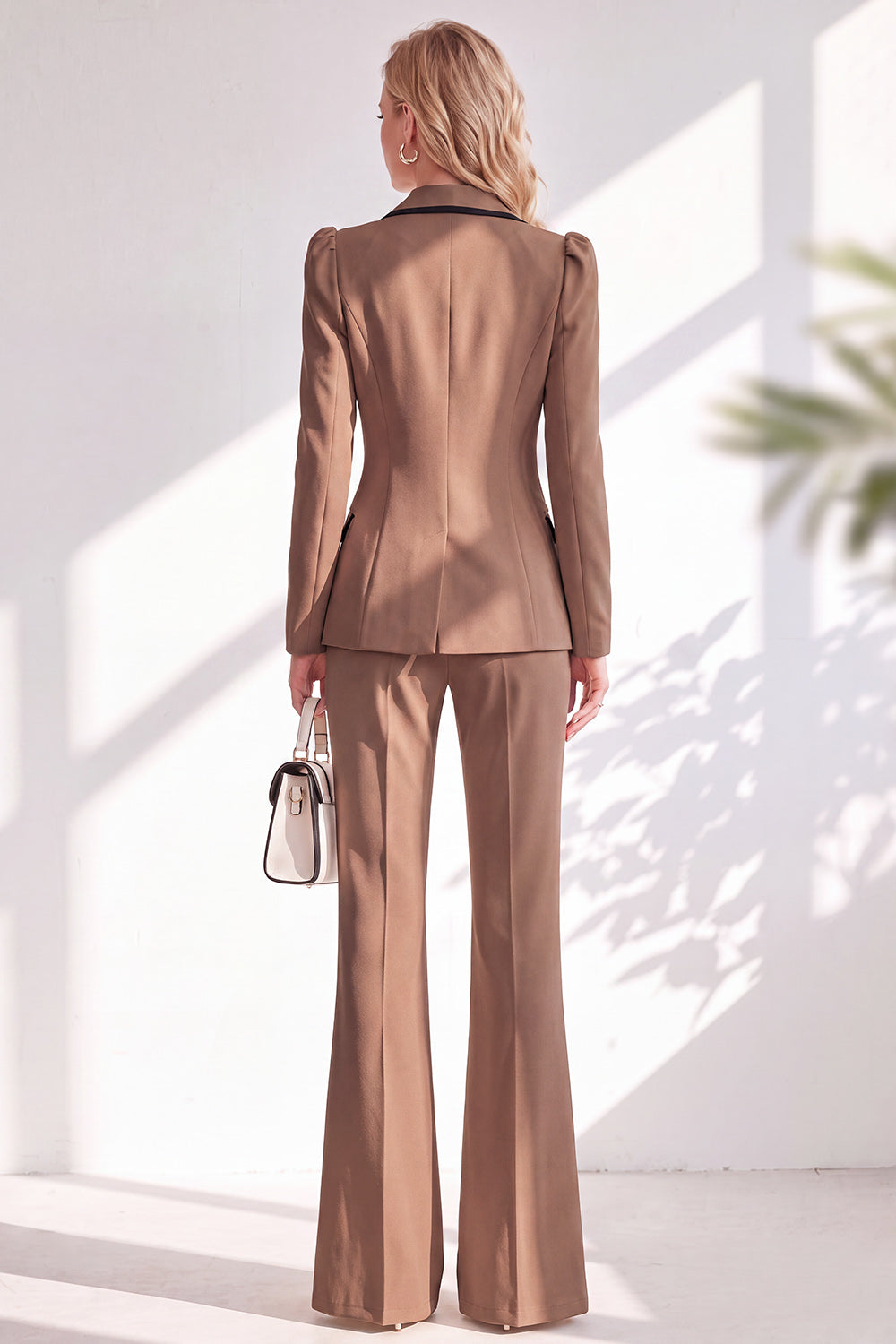 Notched Lapel Brown Slim Fit Double Breasted 2 Piece Work Suits