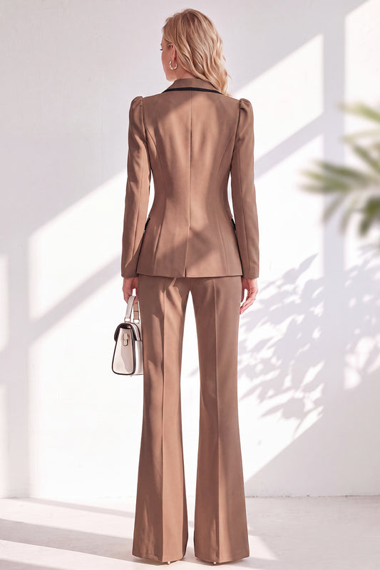 Notched Lapel Brown Slim Fit Double Breasted 2 Piece Work Suits