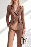 Notched Lapel Brown Slim Fit Double Breasted 2 Piece Work Suits