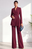 Shawl Lapel Dusty Green Pleated 2 Piece Work Suits with Sash