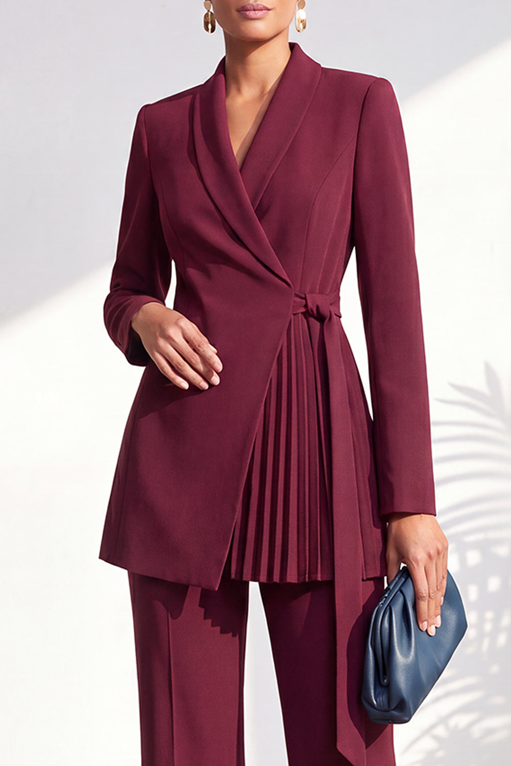 Shawl Lapel Dusty Green Pleated 2 Piece Work Suits with Sash