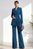 Shawl Lapel Dusty Green Pleated 2 Piece Work Suits with Sash