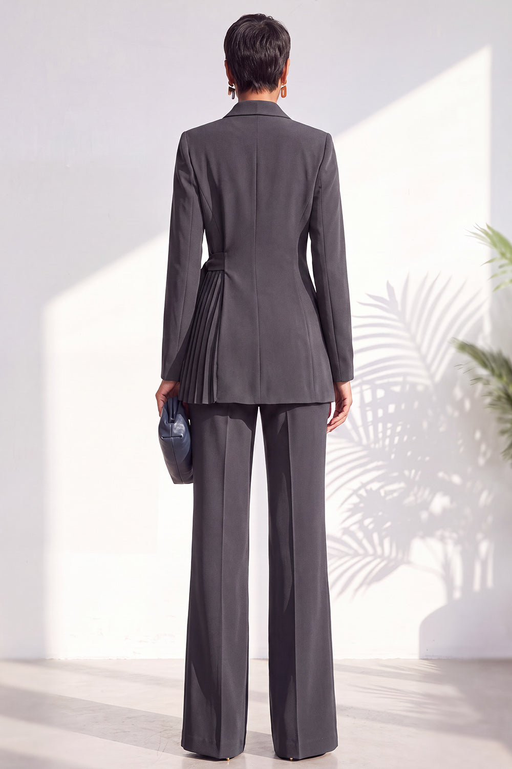 Shawl Lapel Dusty Green Pleated 2 Piece Work Suits with Sash