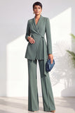 Shawl Lapel Dusty Green Pleated 2 Piece Work Suits with Sash