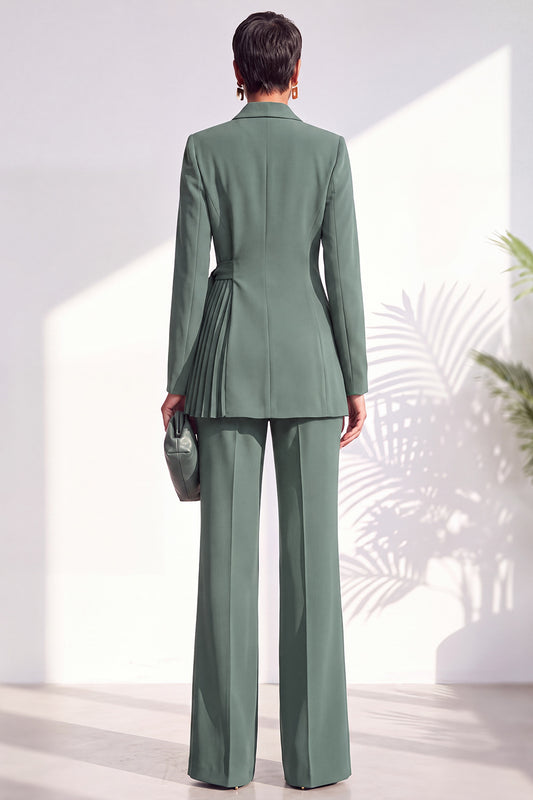 Shawl Lapel Dusty Green Pleated 2 Piece Work Suits with Sash