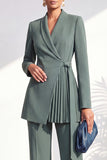 Shawl Lapel Dusty Green Pleated 2 Piece Work Suits with Sash