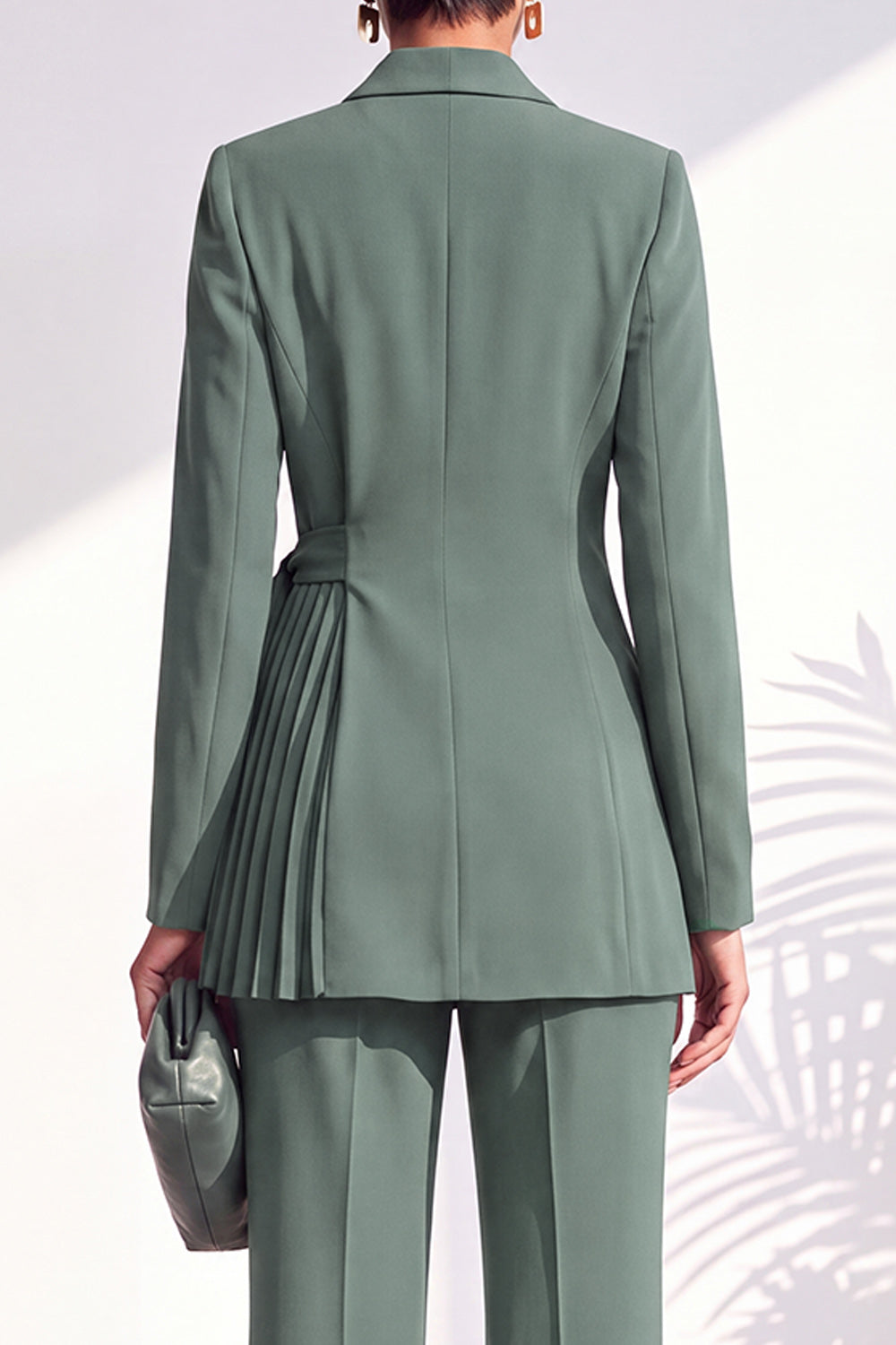 Shawl Lapel Dusty Green Pleated 2 Piece Work Suits with Sash