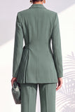 Shawl Lapel Dusty Green Pleated 2 Piece Work Suits with Sash