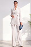 Shawl Lapel Dusty Green Pleated 2 Piece Work Suits with Sash