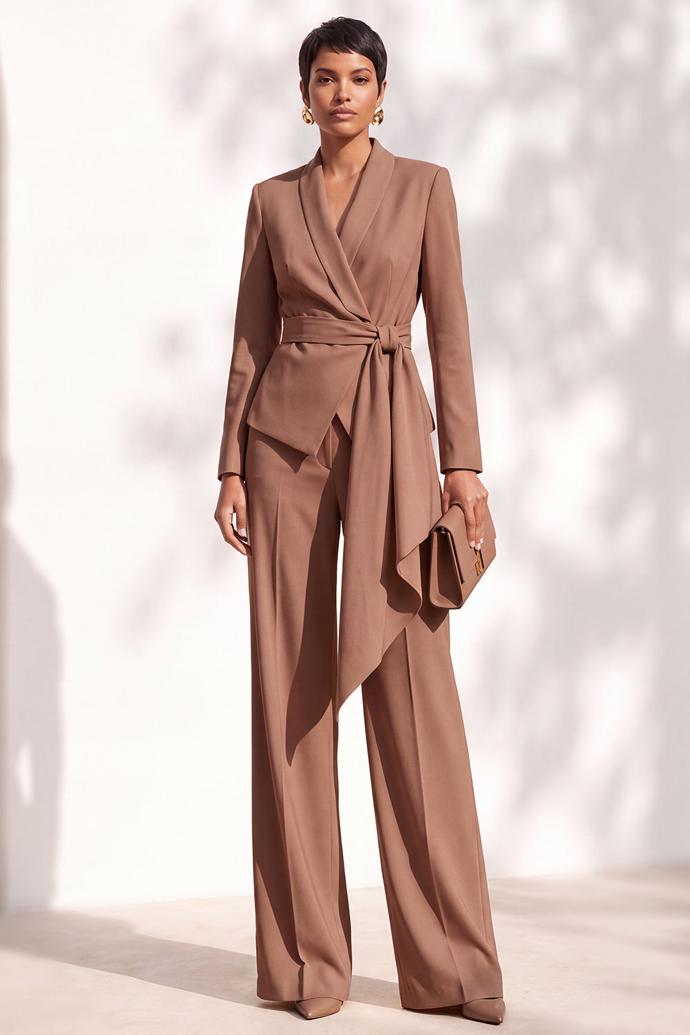 Khaki Shawl Lapel 2 Piece Work Suits with Sash