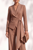 Khaki Shawl Lapel 2 Piece Work Suits with Sash