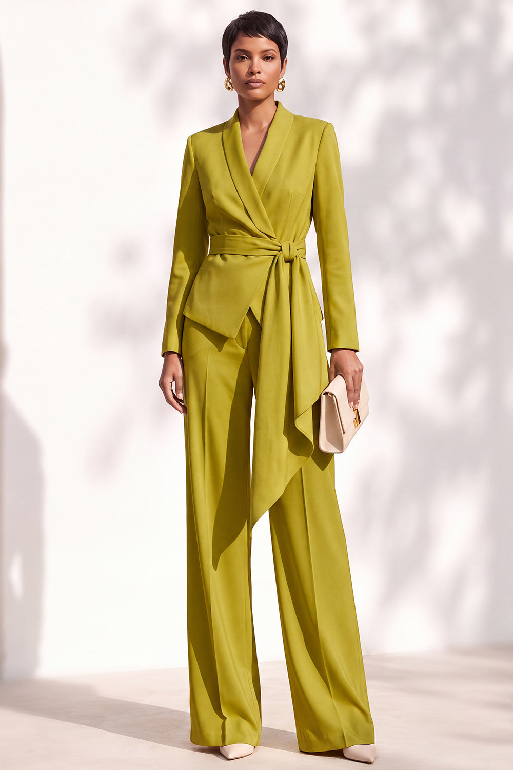 Khaki Shawl Lapel 2 Piece Work Suits with Sash