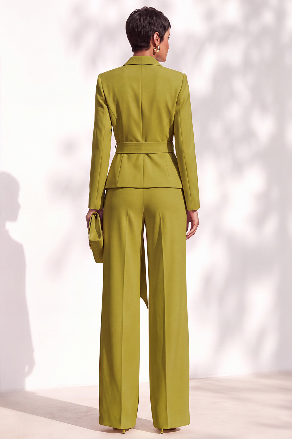 Khaki Shawl Lapel 2 Piece Work Suits with Sash