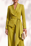 Khaki Shawl Lapel 2 Piece Work Suits with Sash