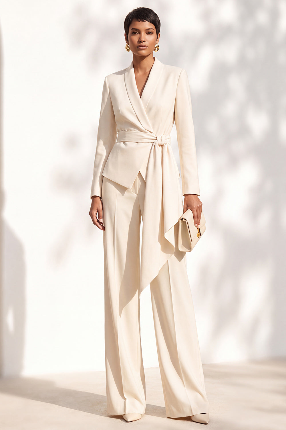 Khaki Shawl Lapel 2 Piece Work Suits with Sash