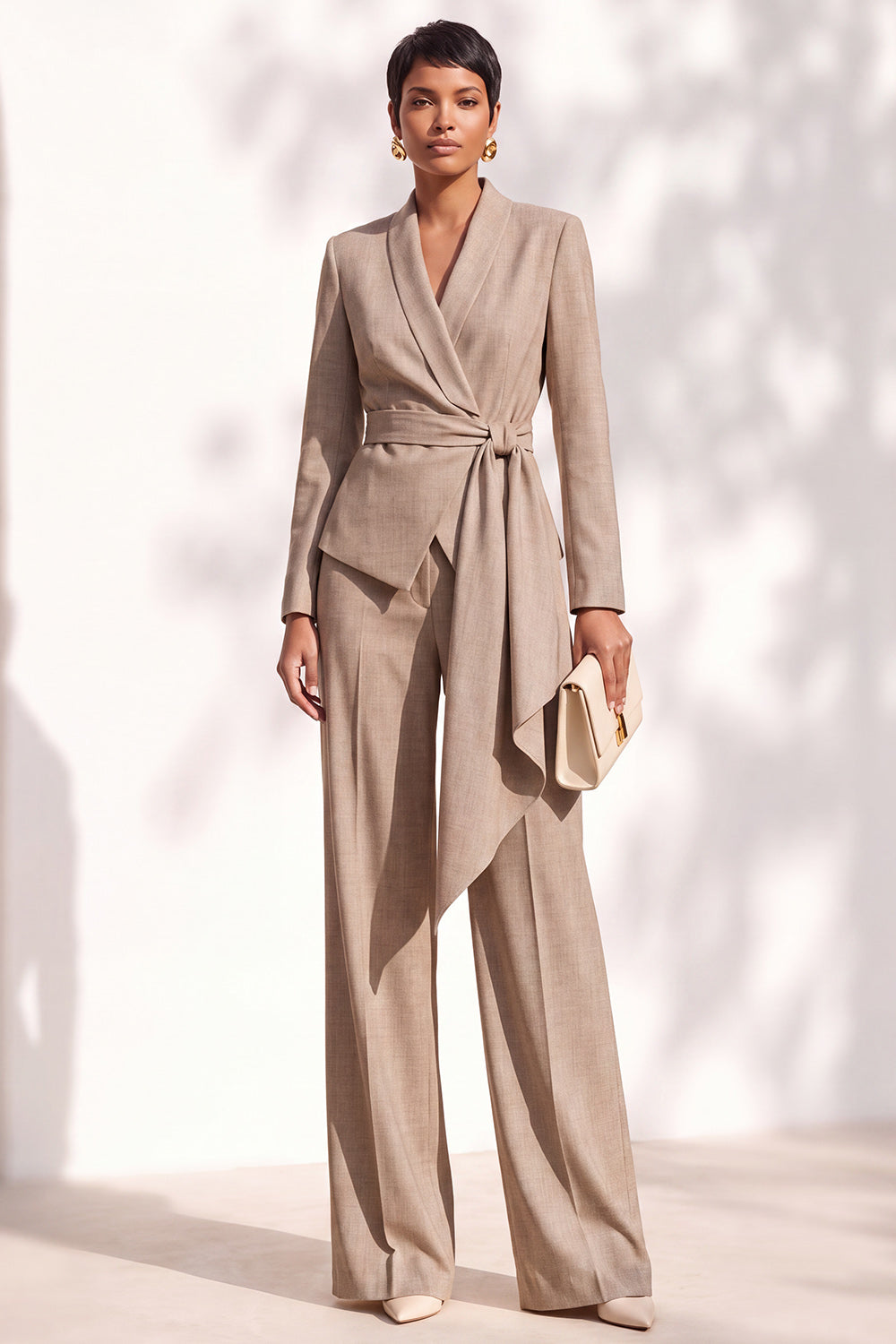 Khaki Shawl Lapel 2 Piece Work Suits with Sash