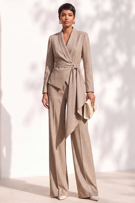 Khaki Shawl Lapel 2 Piece Work Suits with Sash
