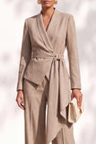 Khaki Shawl Lapel 2 Piece Work Suits with Sash
