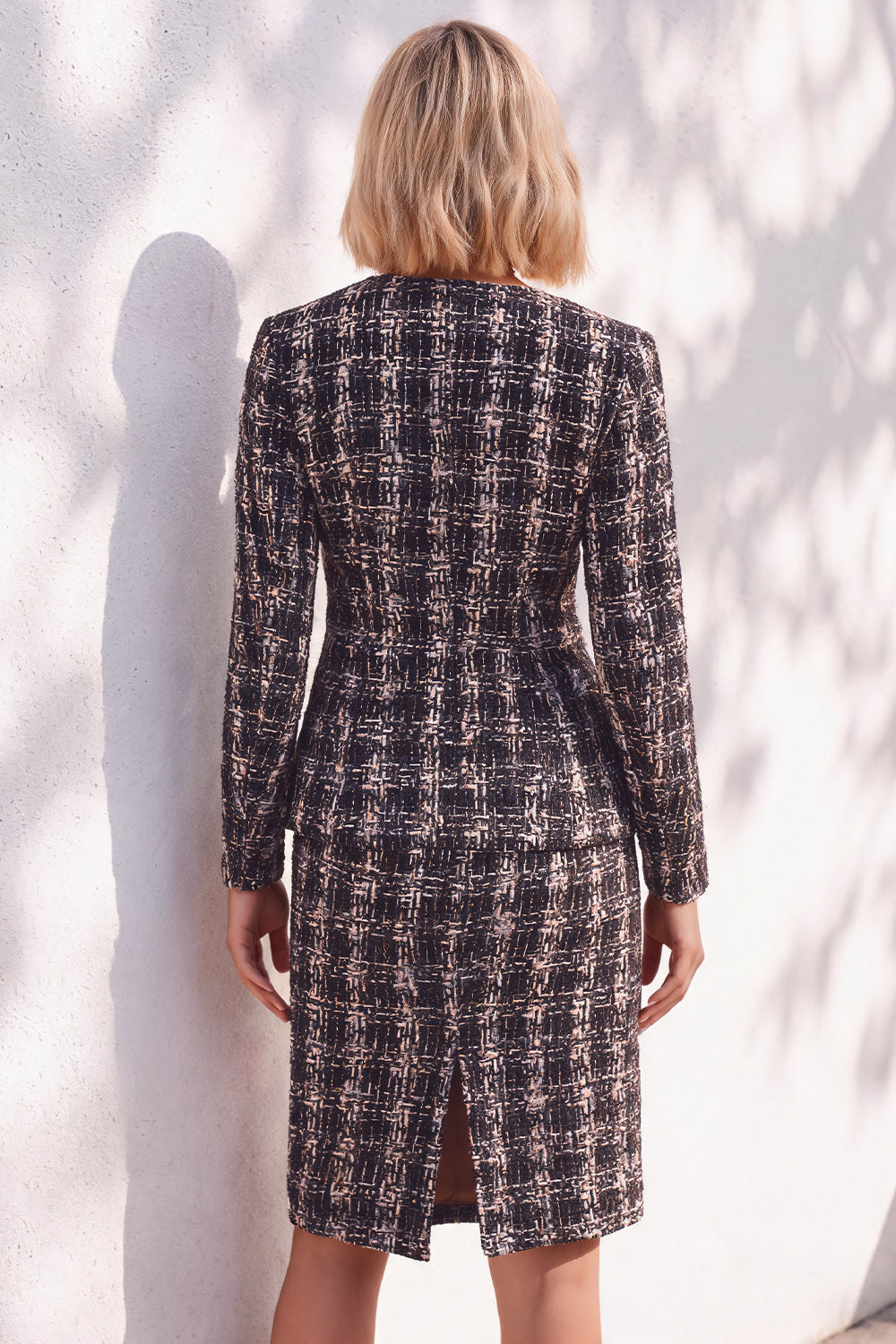 Pink Tweed Button Round Neck 2 Piece Short Work Suits