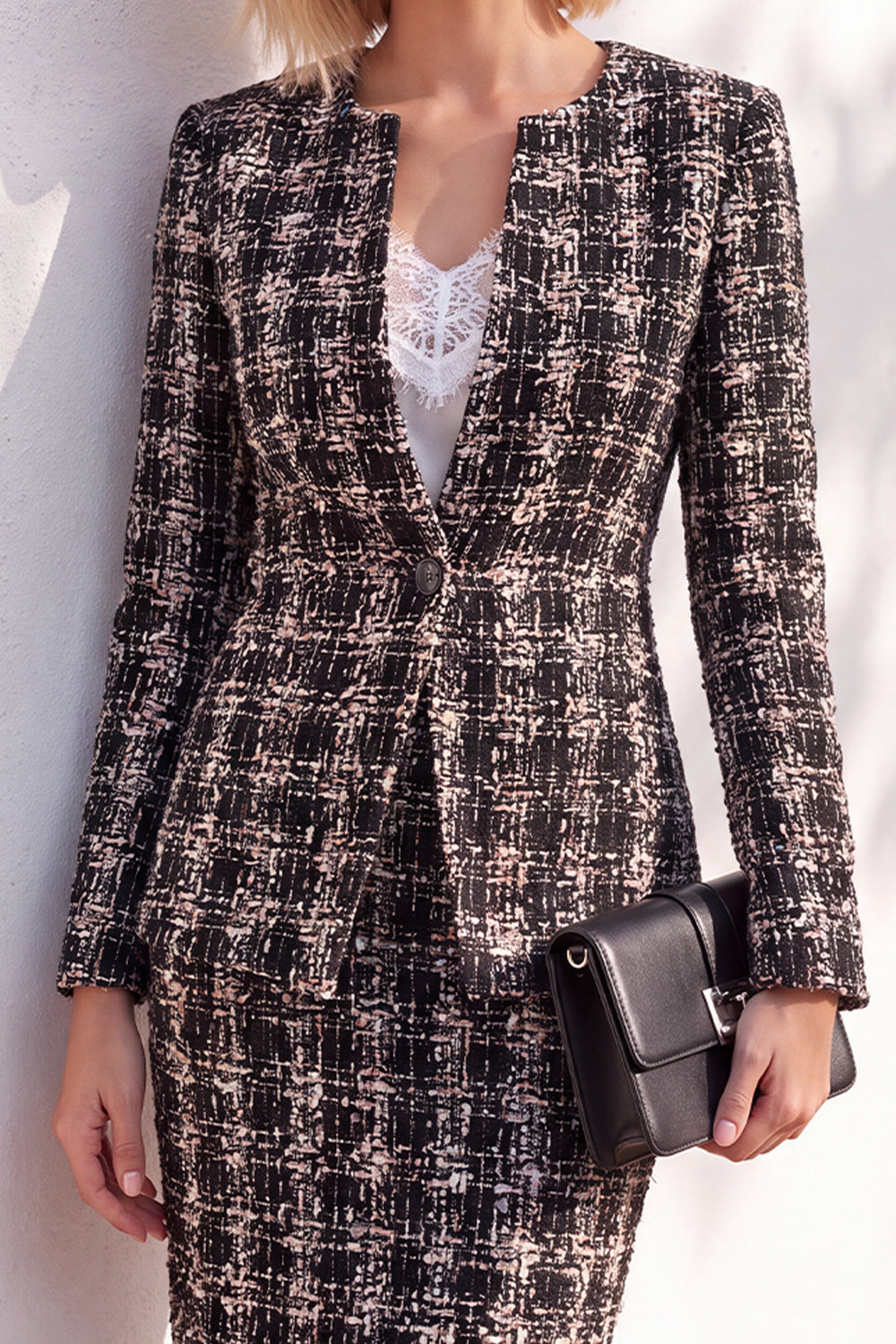 Pink Tweed Button Round Neck 2 Piece Short Work Suits