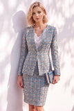 Pink Tweed Button Round Neck 2 Piece Short Work Suits