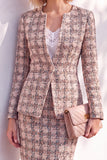 Pink Tweed Button Round Neck 2 Piece Short Work Suits