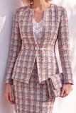 Pink Tweed Button Round Neck 2 Piece Short Work Suits