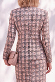 Pink Tweed Button Round Neck 2 Piece Short Work Suits