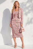 Pink Tweed Notched Lapel Bodycon Midi 2 Piece Blazer Dress