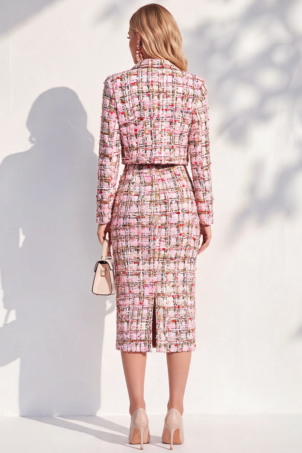 Pink Tweed Notched Lapel Bodycon Midi 2 Piece Blazer Dress