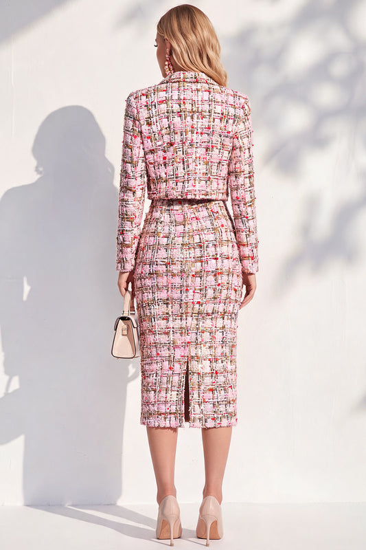 Pink Tweed Notched Lapel Bodycon Midi 2 Piece Blazer Dress