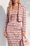 Pink Tweed Notched Lapel Bodycon Midi 2 Piece Blazer Dress