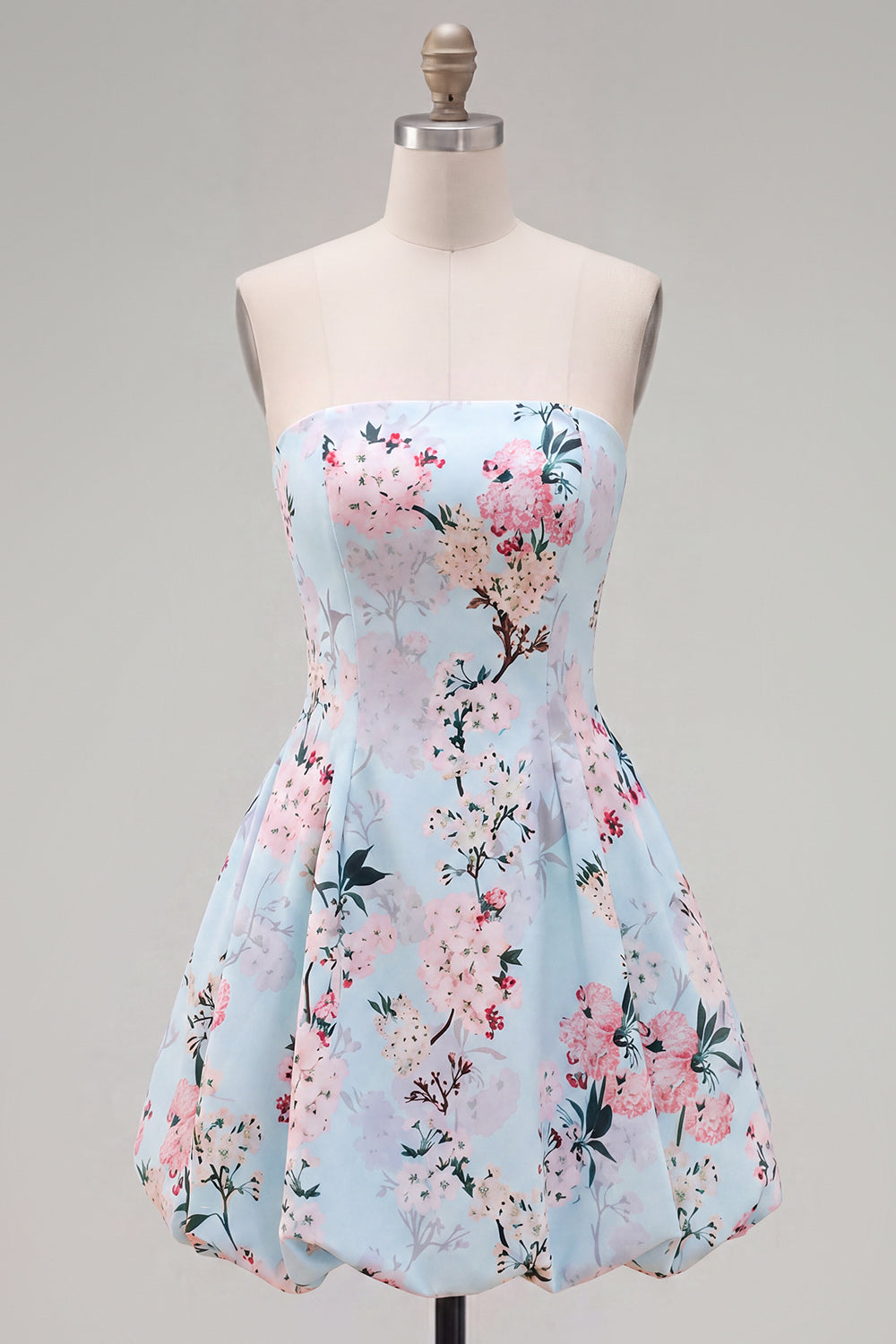 Pink Floral Satin Strapless A-Line Short Homecoming Dress